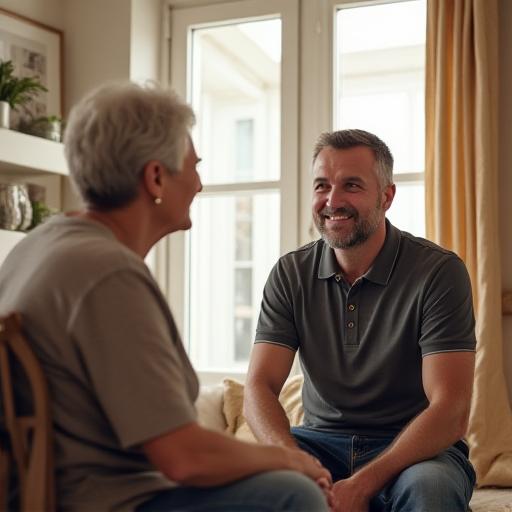 DecoDroit kézműves szakember jóindulatú beszélgetése idősebb ügyféllel